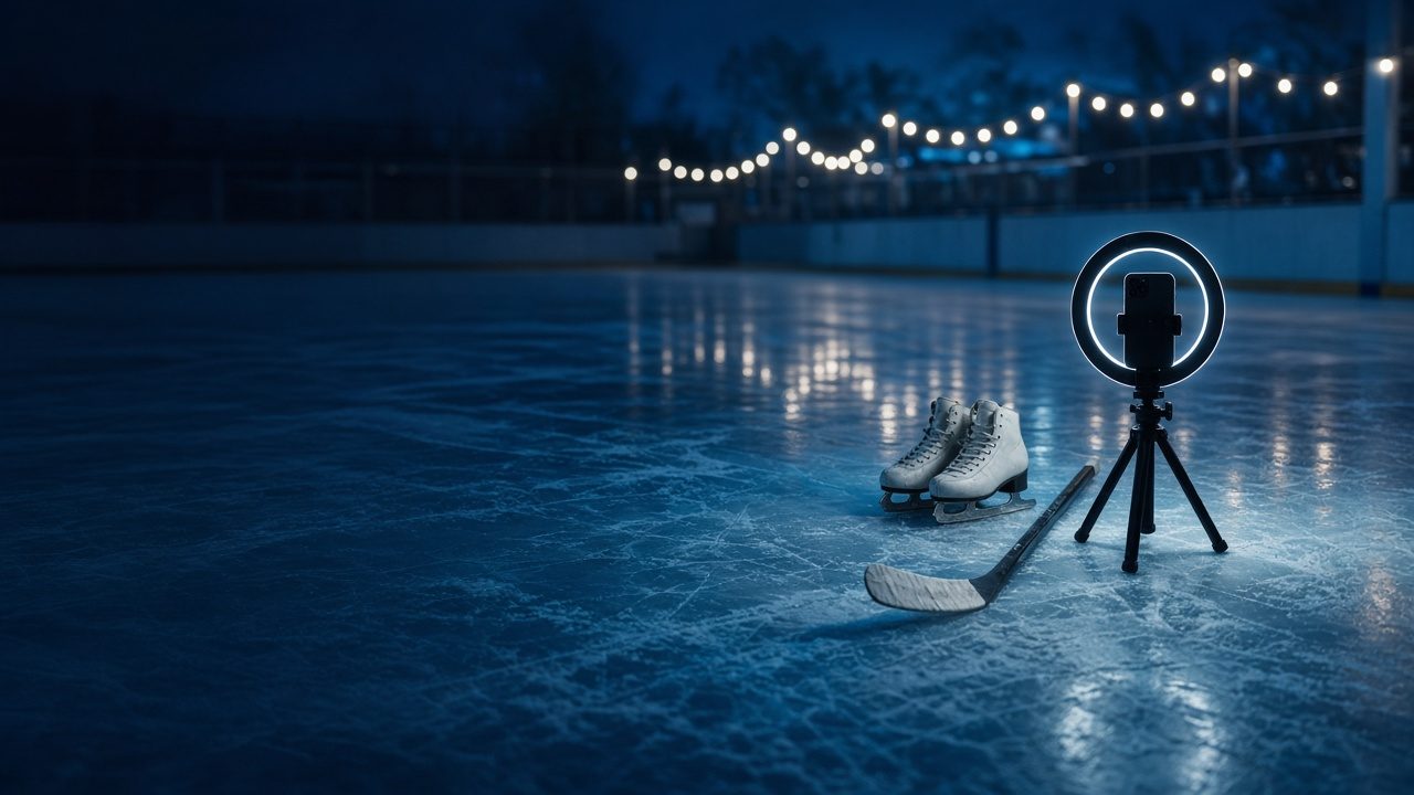 Leere Eisfläche zur blauen Stunde, rechts ein Smartphone mit Ringlicht auf einem Stativ, daneben Schlittschuhe und ein Eishockeyschläger
