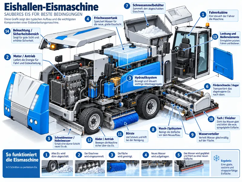 Infographic of an ice rink resurfacer with 14 numbered components – from driver's cab, engine, hydraulic system, fresh-water tank and snow tank to auger, cutting blade, wash and rinse system, water spreader and towel, brush, wheels, steering and lights – plus the five work steps from shaving the ice to the new ice surface