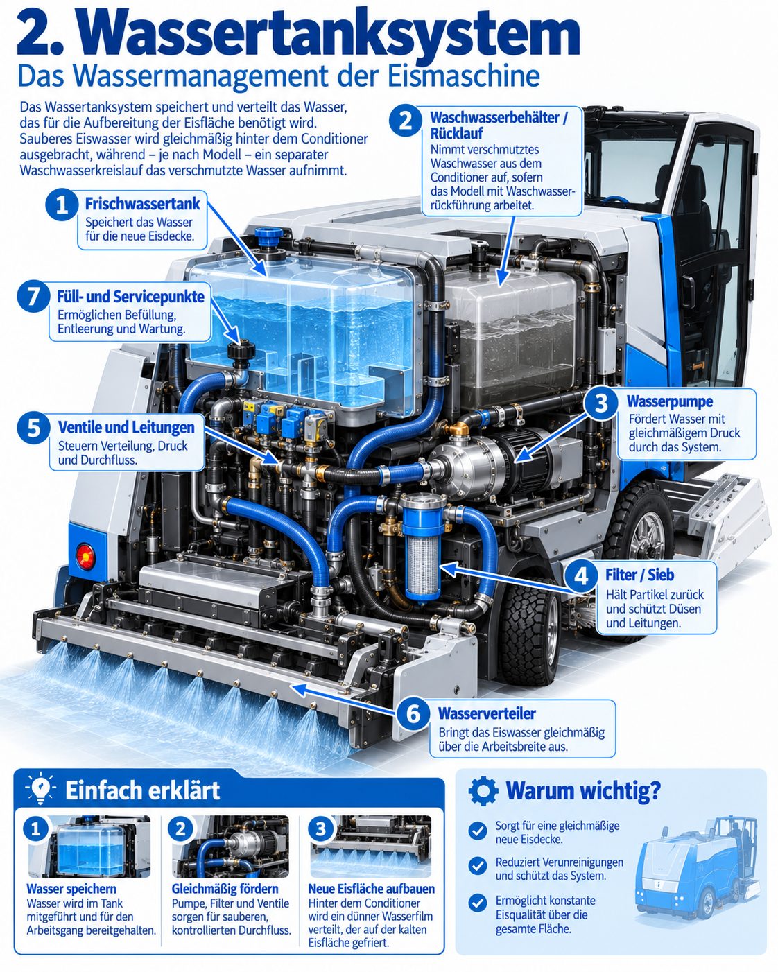 Infografik Wassertanksystem der Eismaschine mit sieben nummerierten Bauteilen: Frischwassertank, Waschwasserbehälter mit Rücklauf, Wasserpumpe, Filter, Ventile und Leitungen, Wasserverteiler sowie Füll- und Servicepunkte