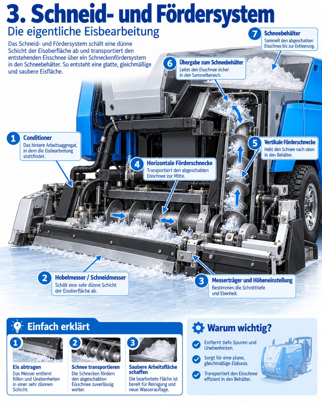 Infografik Schneid- und Fördersystem der Eismaschine mit sieben nummerierten Bauteilen: Conditioner, Hobelmesser, Messerträger mit Höheneinstellung, horizontale Förderschnecke, vertikale Förderschnecke, Übergabe zum Schneebehälter und Schneebehälter