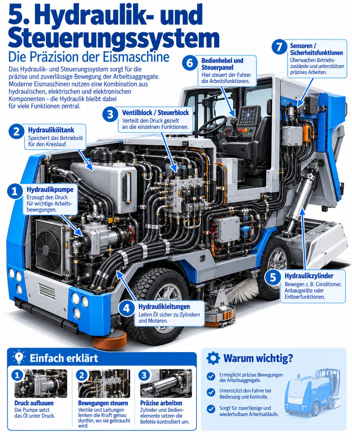 Infografik Hydraulik- und Steuerungssystem der Eismaschine mit sieben nummerierten Bauteilen: Hydraulikpumpe, Hydrauliköltank, Ventilblock, Hydraulikleitungen, Hydraulikzylinder, Bedienhebel mit Steuerpanel sowie Sensoren und Sicherheitsfunktionen