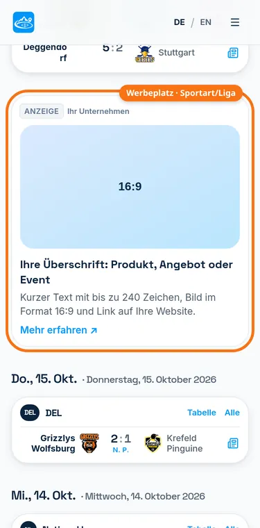 Ergebnisansicht mit markiertem Werbeplatz nach dem ersten Spieltag (Mobil)