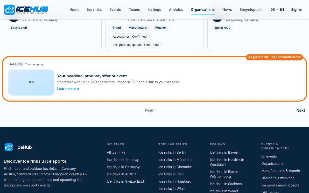 Organisation directory with the partner placement marked (Desktop)