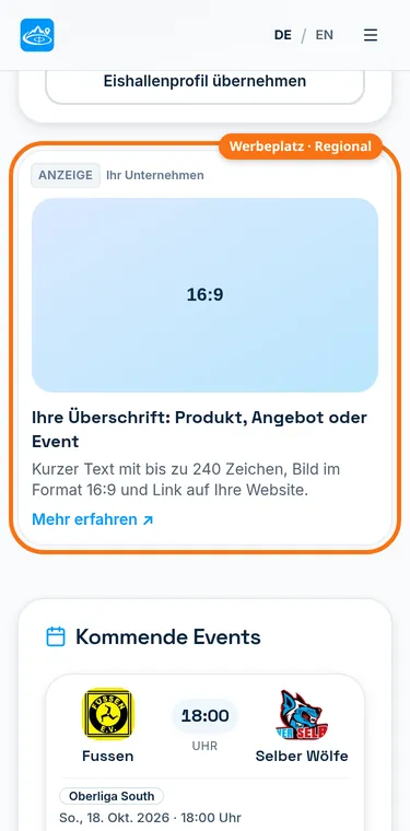 Eishallenseite mit markiertem Werbeplatz in der Seitenleiste (Mobil)