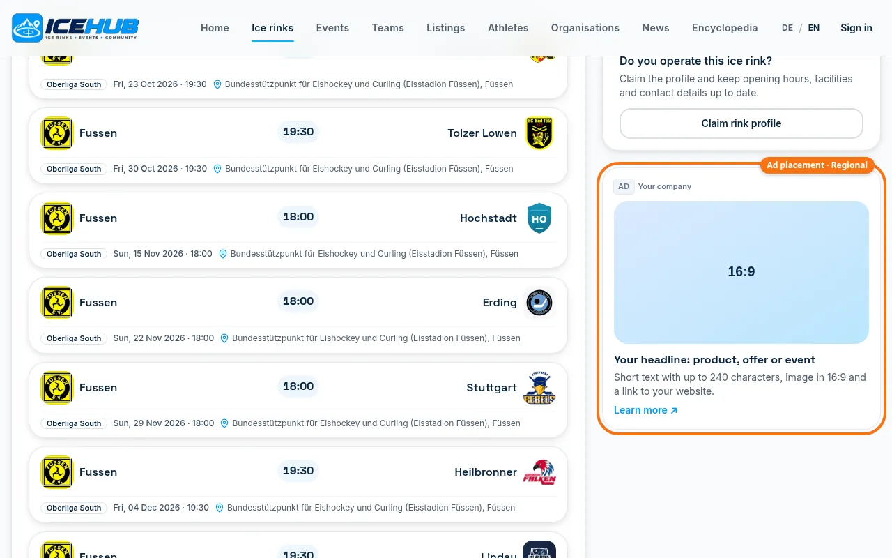 Rink page with the sidebar ad placement marked (Desktop)