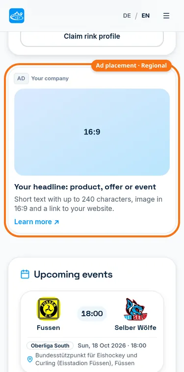 Rink page with the sidebar ad placement marked (Mobile)