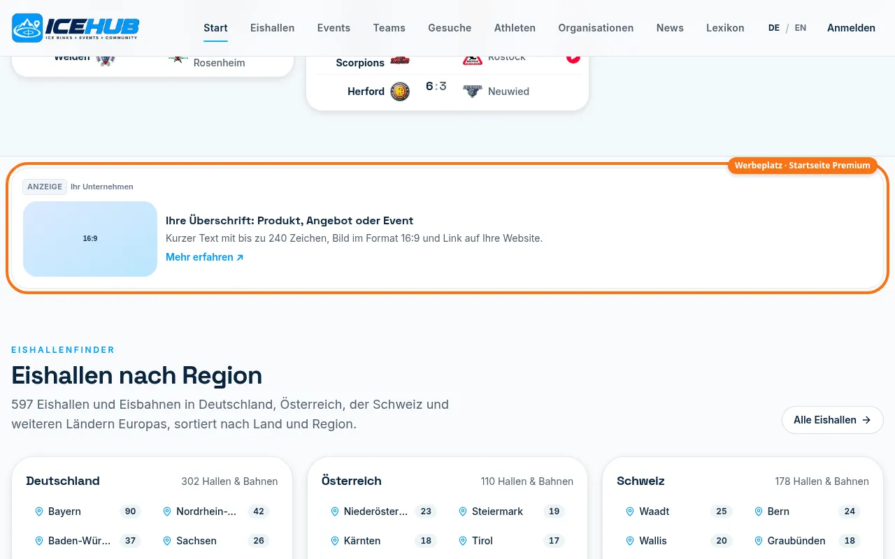 Startseite mit markiertem Werbeplatz unter den Ergebnissen (Desktop)